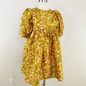 Kika Vargas Gold Yellow Mum Floral Puff Sleeves Mini Dress Size XXS